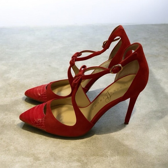 Shoes - Red Leather Shoes, Pointy toe, bow, adjustable strap, size 6, fits like 6.5-7
